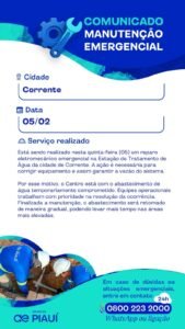 Manutenção emergencial pode afetar abastecimento de água em Corrente nesta quinta (05)