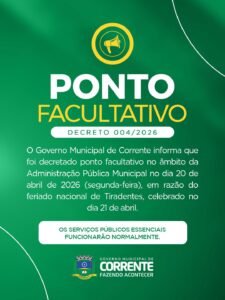 Prefeitura de Corrente decreta ponto facultativo nesta segunda-feira (20)